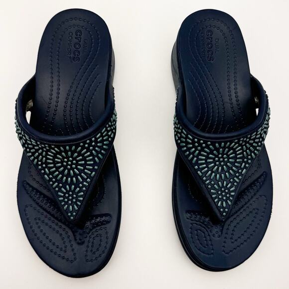 Crocs Navy Blue Monterey Diamante Embellished T-strap Wedge Sandal Sz 6 - Picture 3 of 9
